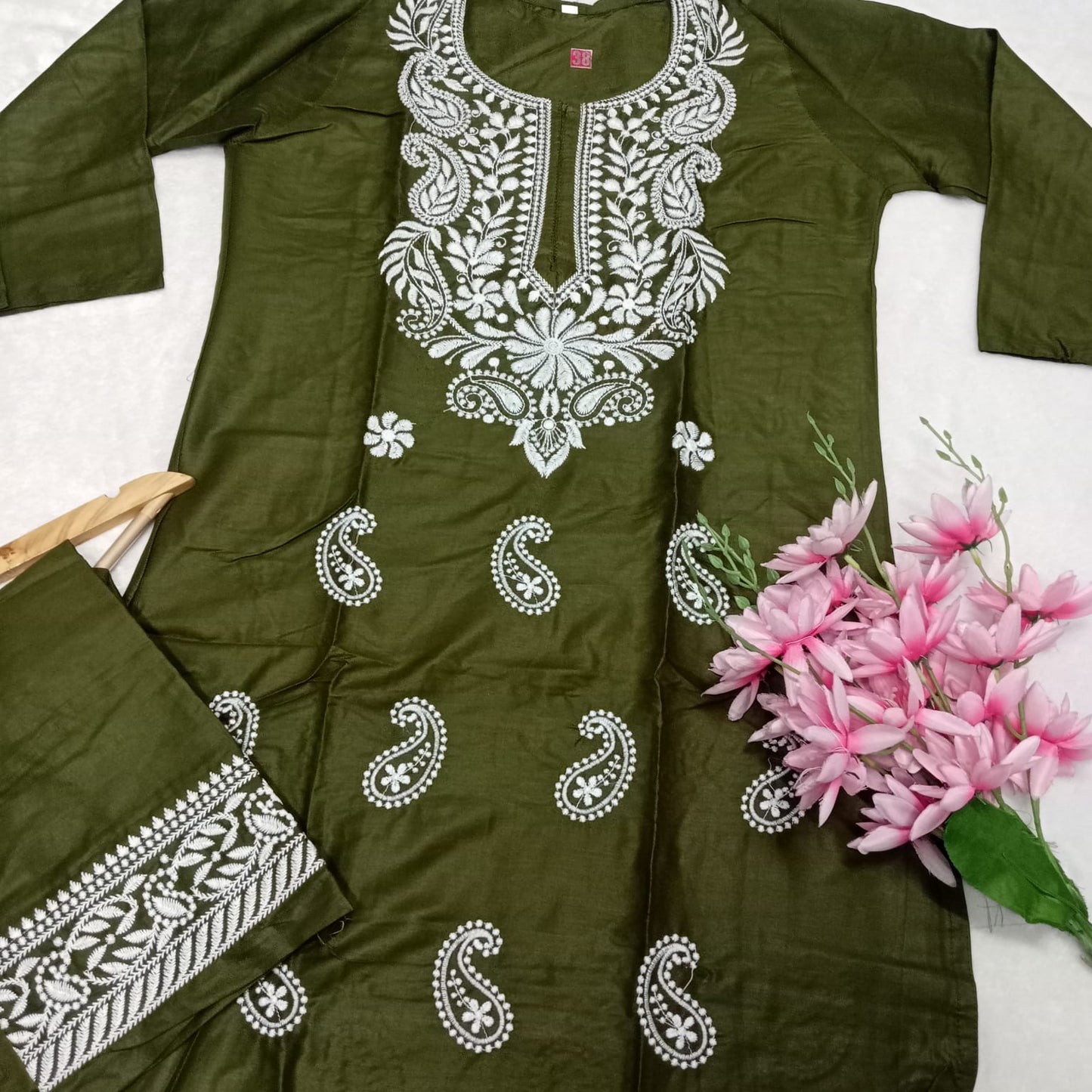 Rayon Chikankari Machine Work Kurti Plazo Set- Mehendi Colour - Chikankaar