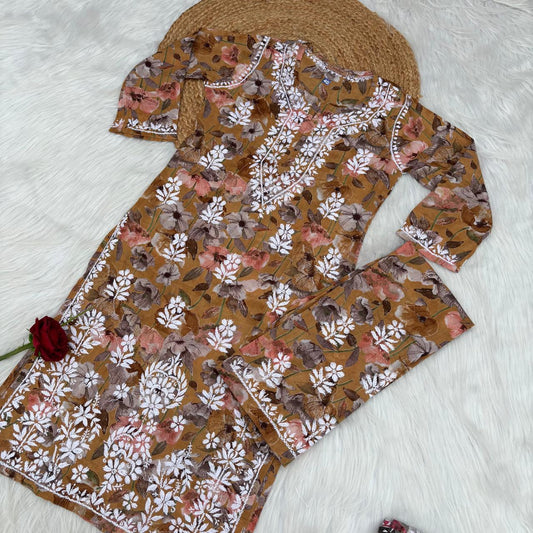 Jameela Mulmul Cotton Chikankari Kurti Set - Yellow Colour