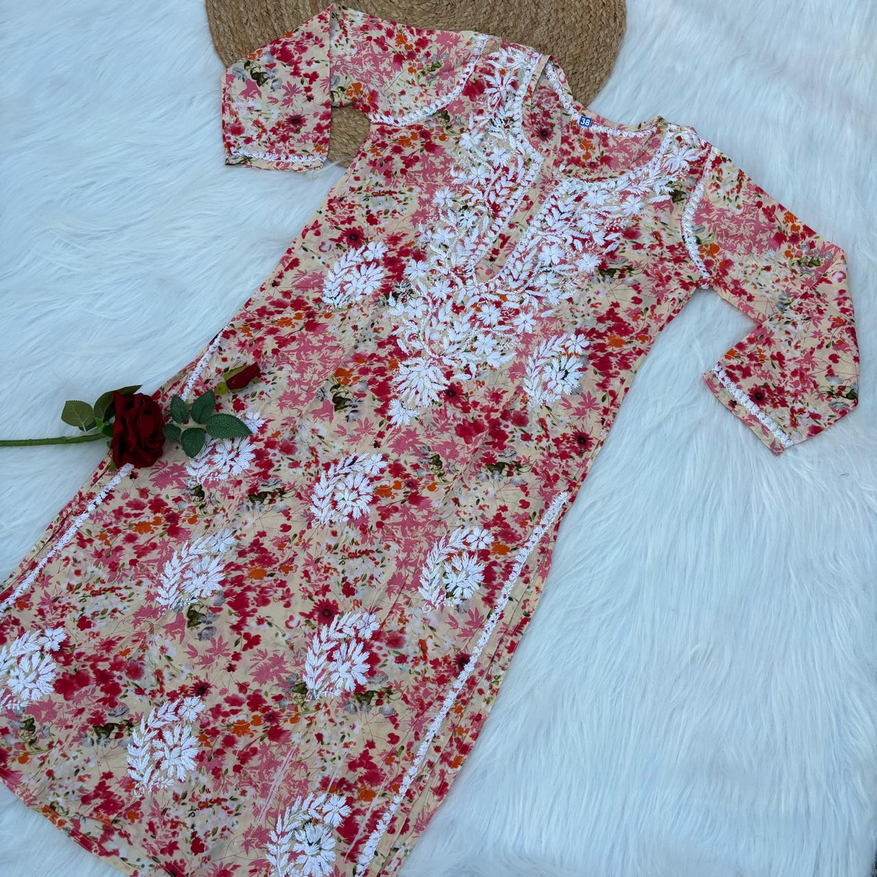 Fatima Pure Mulmul Chikankari Handwork Kurti - Red Colour - Chikankaar
