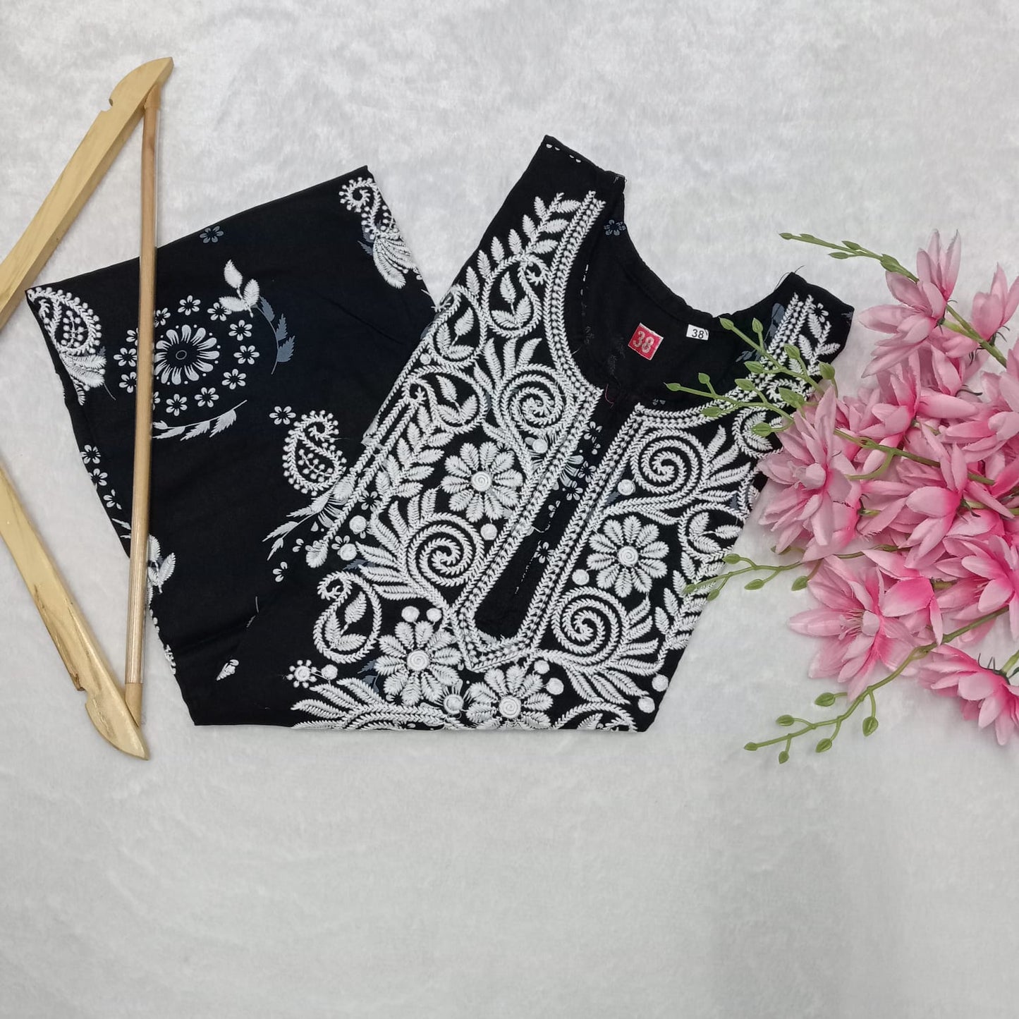 Rayon Chikankari Machine Work Kurti -Black Colour - Chikankaar