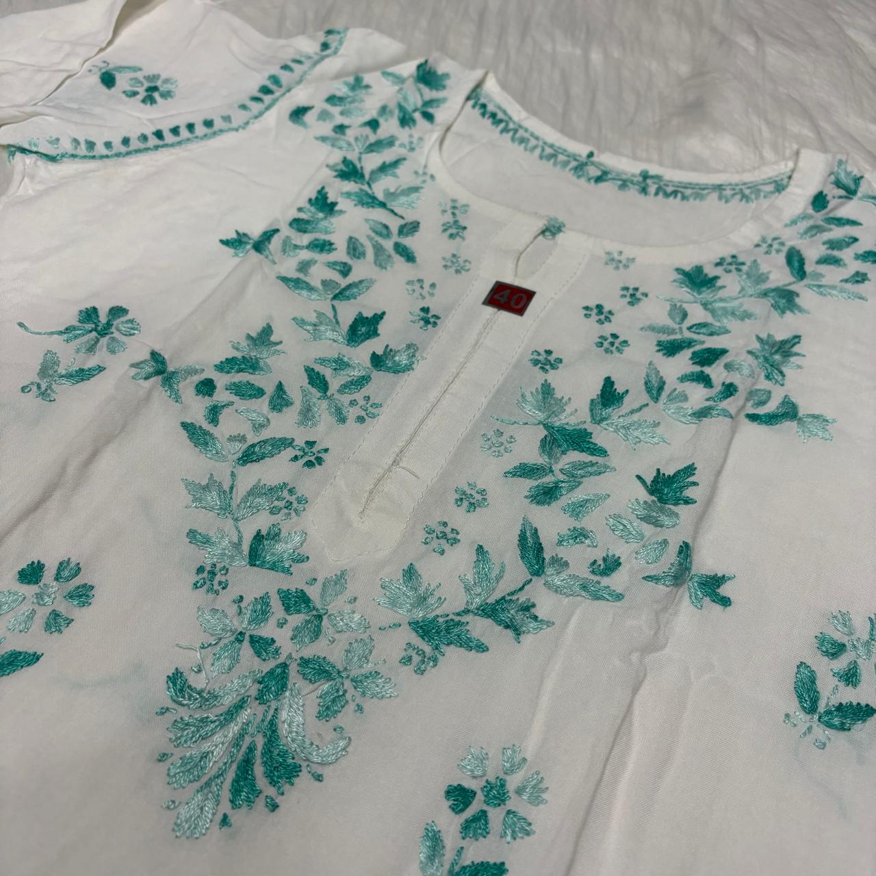 Aleena Rayon Chikankari Kurti Plazo Set - White Sea Green color - Chikankaar