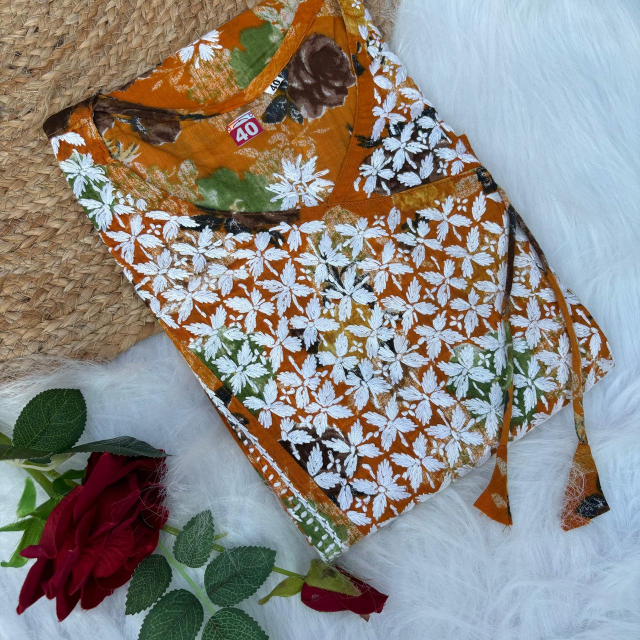 Masooma Mulmul Floral Printed Chikankari Handwork Kurti - Yellow Colour - Chikankaar