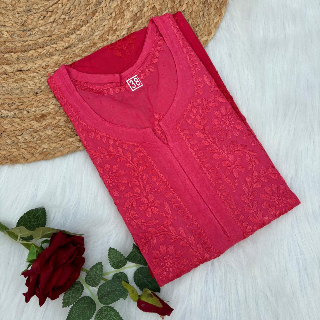 Tuba Ombre Shaded Dobby Cotton Chikankari Kurti - Dark Gazri colour - Chikankaar