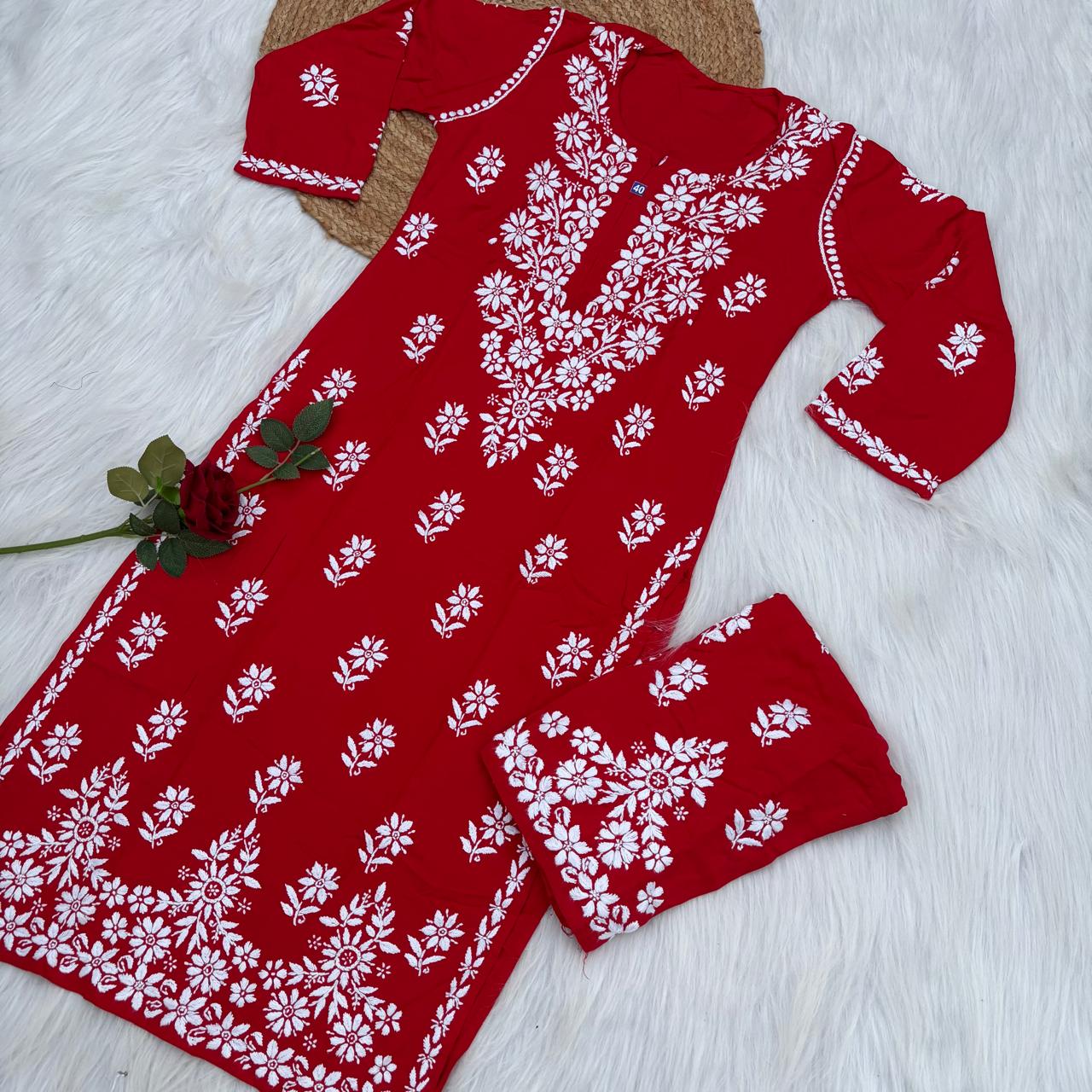 Maya Rayon Chikankari Kurti Plazo Set - Red Colour