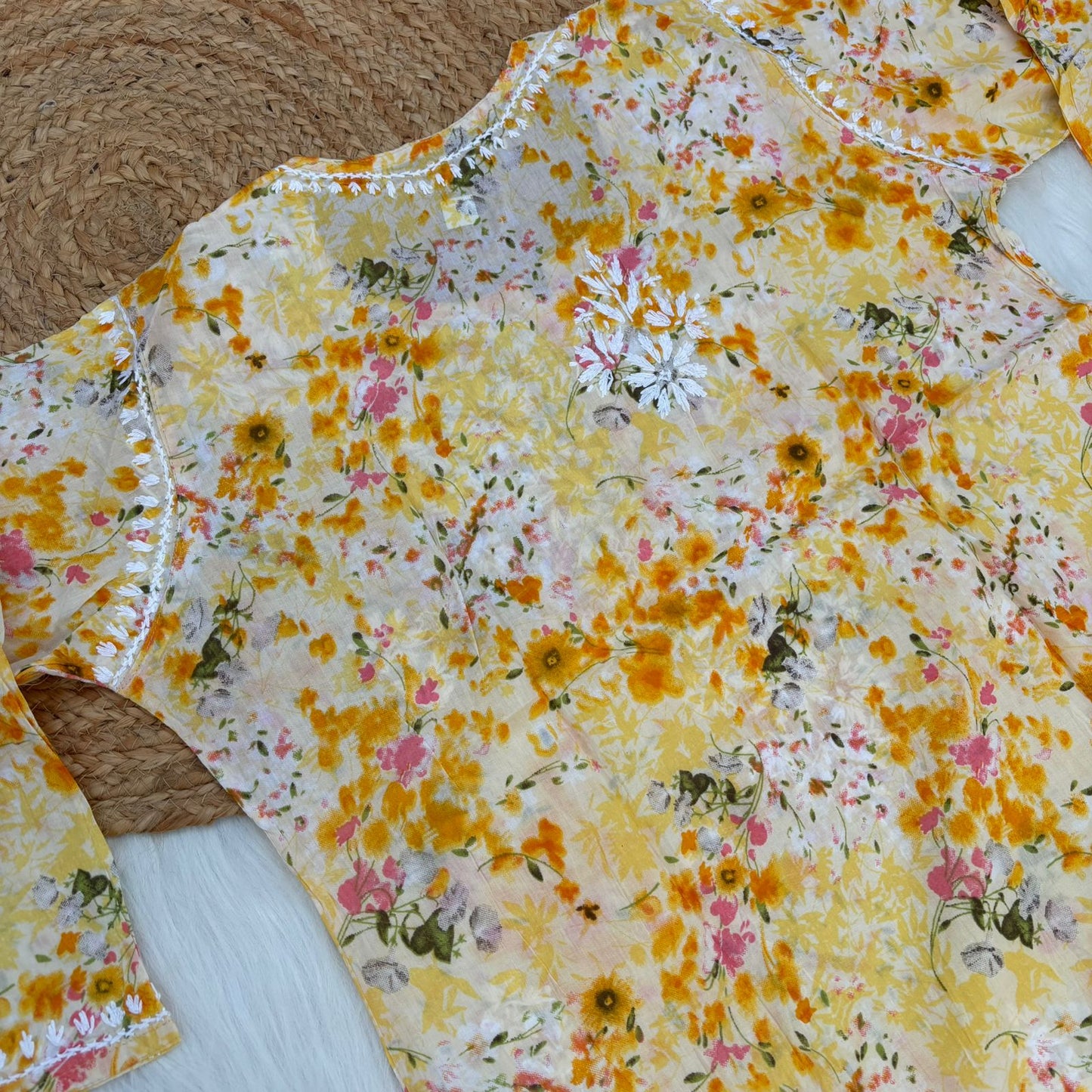 Nura Pure Mulmul Cotton Short Kurti - Yellow Colour - Chikankaar