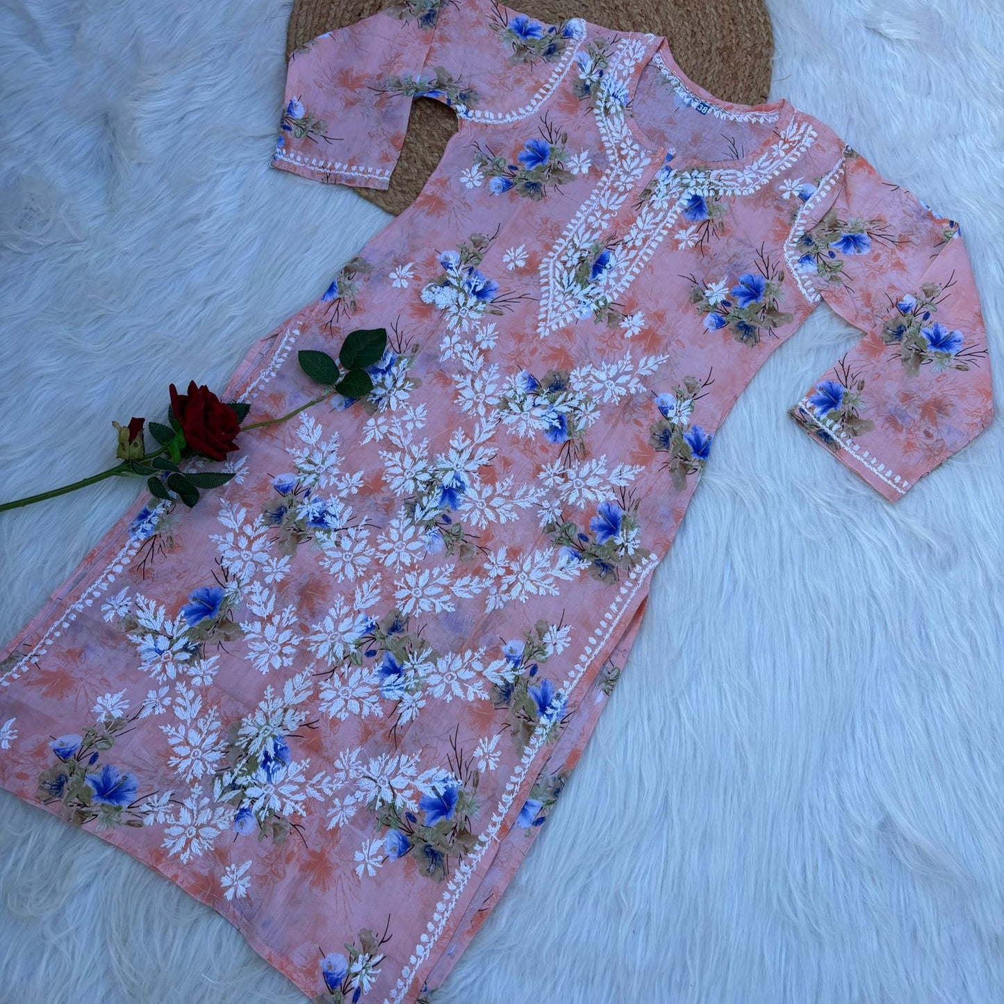 Rasha Pure Mulmul Chikankari Kurti - Peach Color