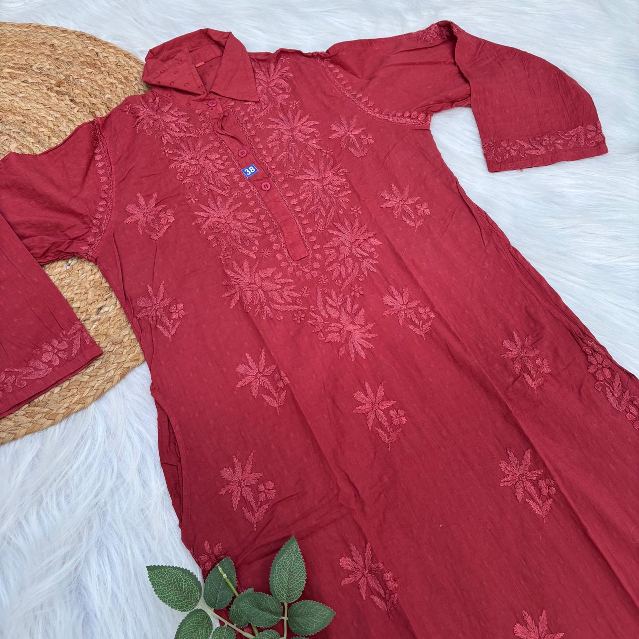 Sadia Dobby Cotton Ombre Shaded Chikankari Kurti with Collar - Red Colour