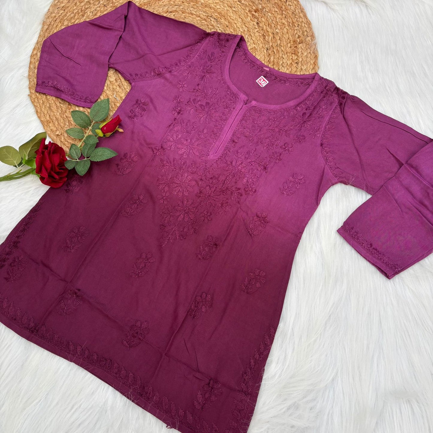 Sofia Ombre Shaded Soft Rayon Chikankari Short Kurti -Wine Colour - Chikankaar