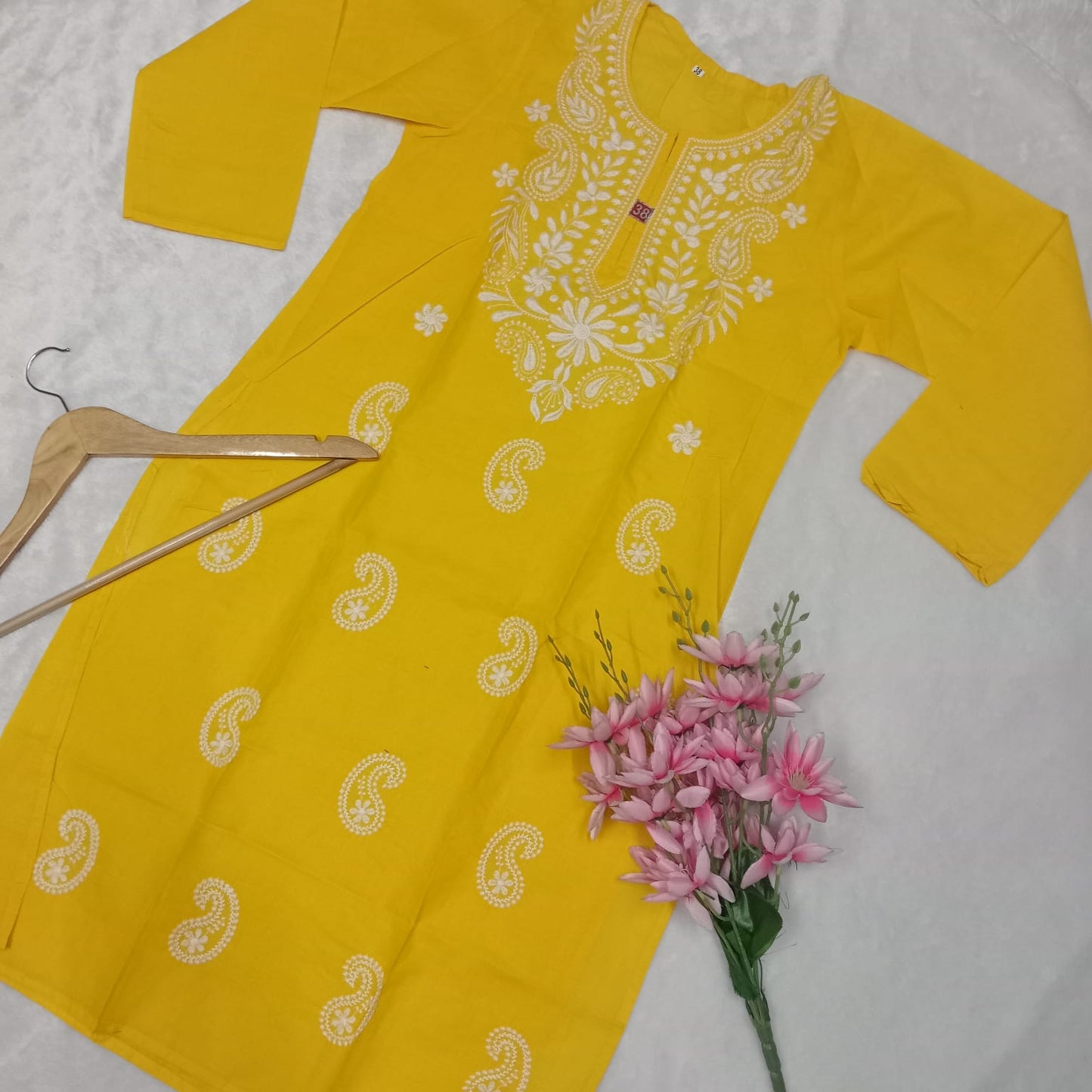 Cotton Machine Work Chikankari Kurti - Yellow Colour - Chikankaar