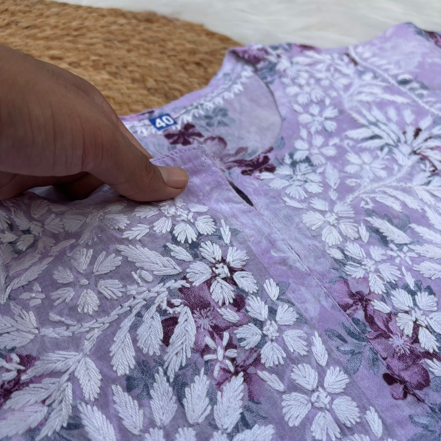 Fawziya Pure Mulmul Chikankari Handwork Kurti -Purple Colour