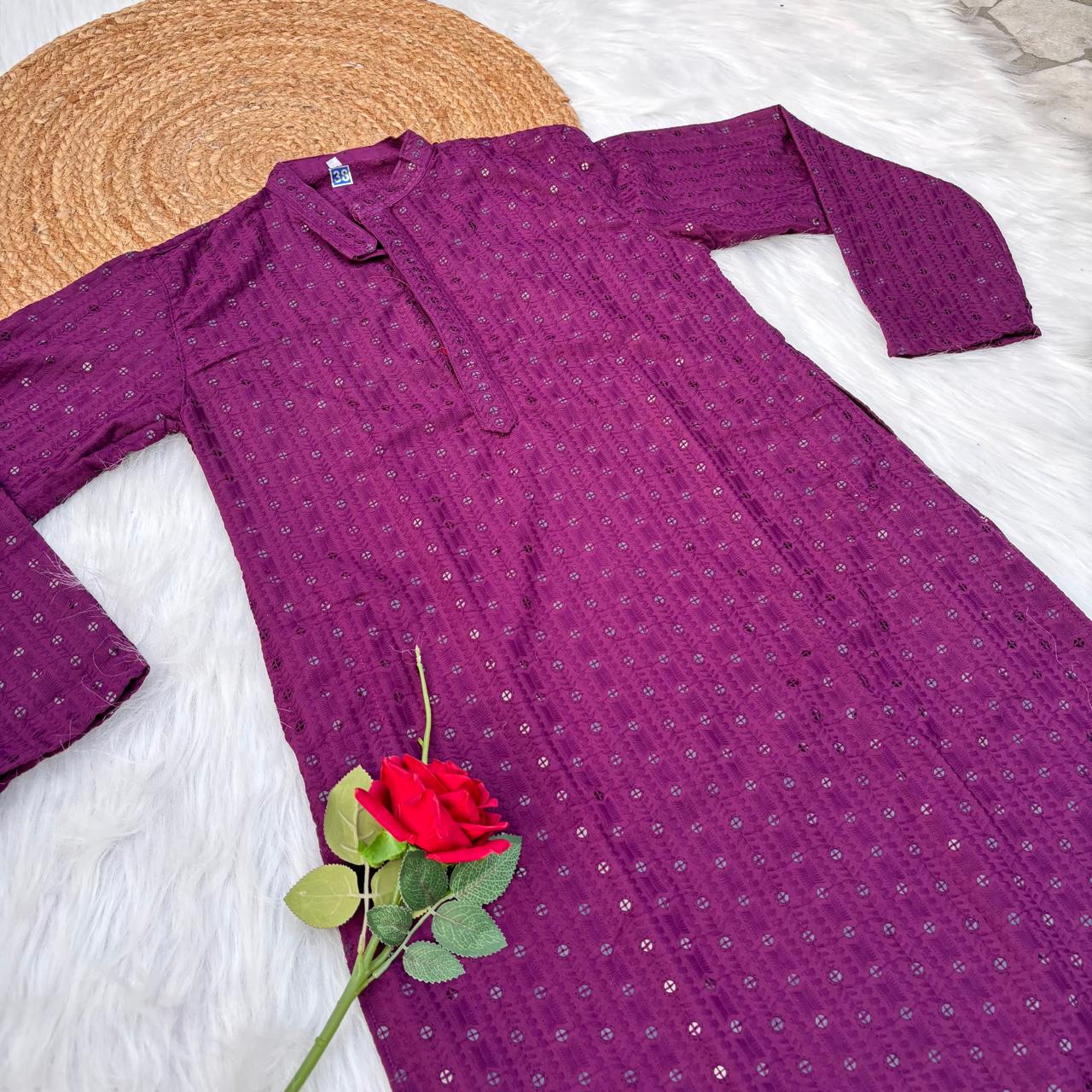 Ayaan Mens Cotton Chikankari Kurta - Wine colour