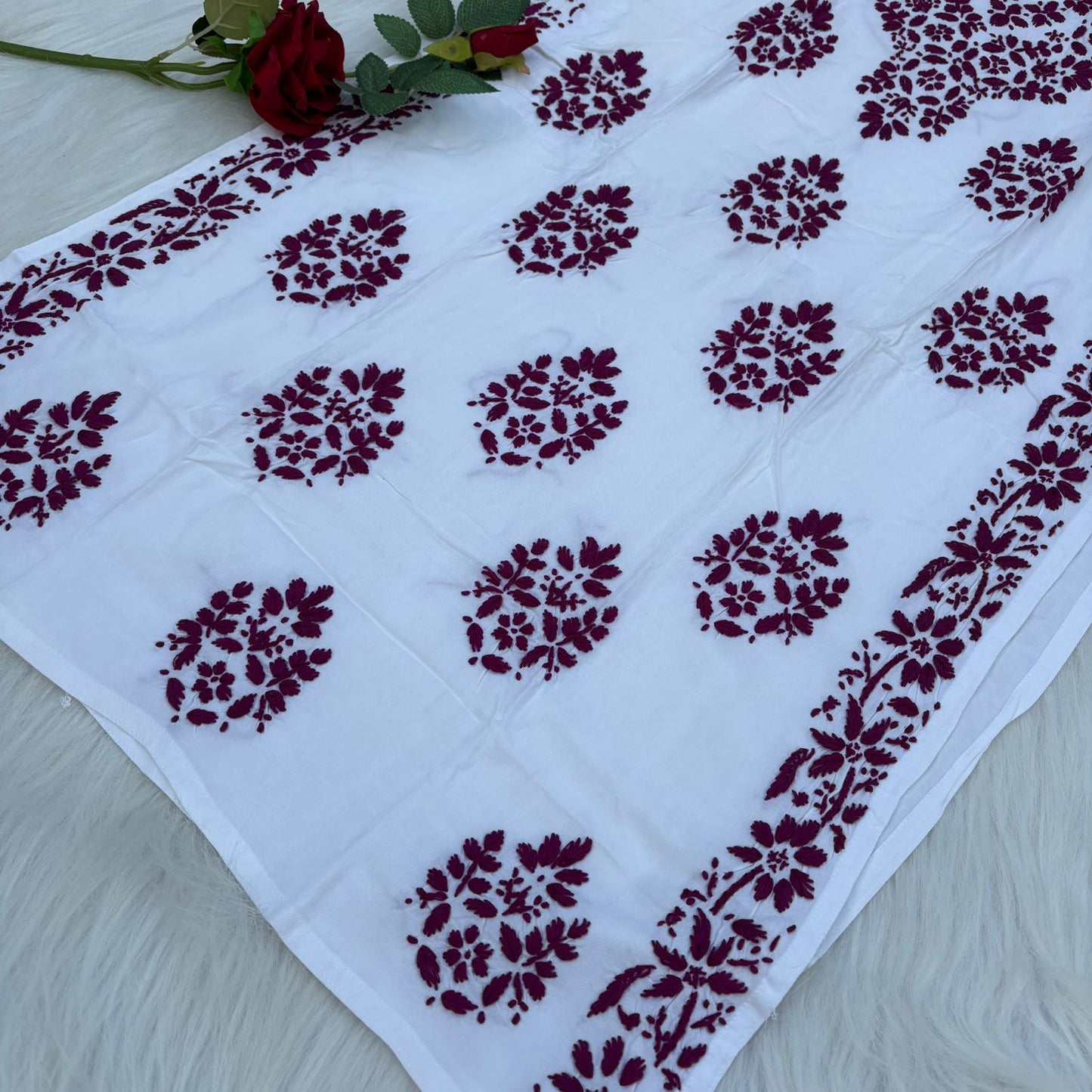Amira Soft Rayon Chikankari Kurti - Wine on White Color - Chikankaar
