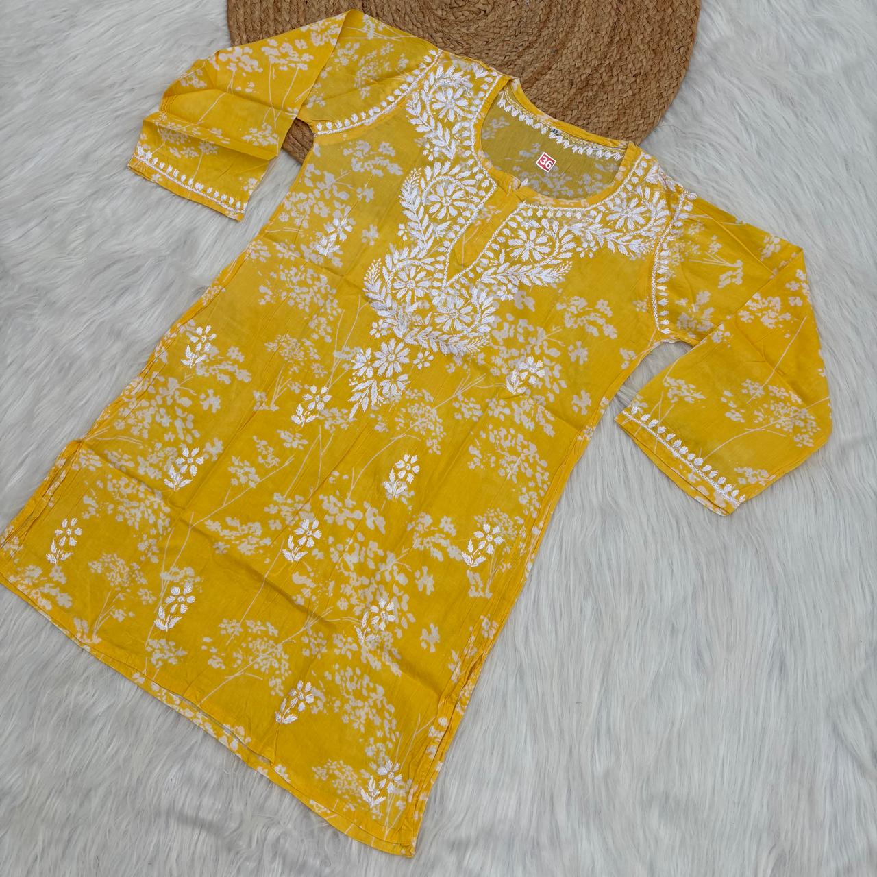 Malika Pure Mulmul Cotton Short Kurti - Yellow Colour