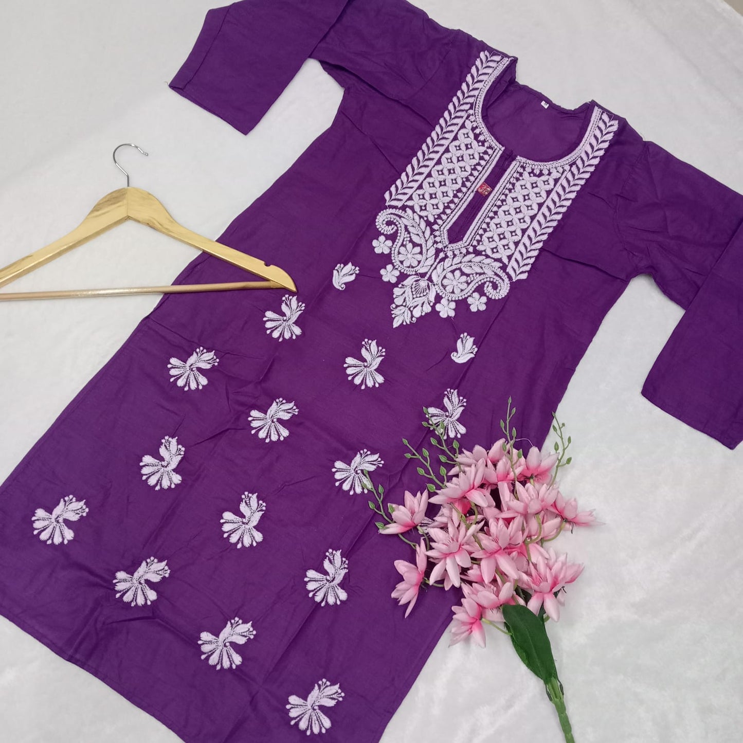 Cotton Machine Work Chikankari Kurti Light - Wine Colour - Chikankaar