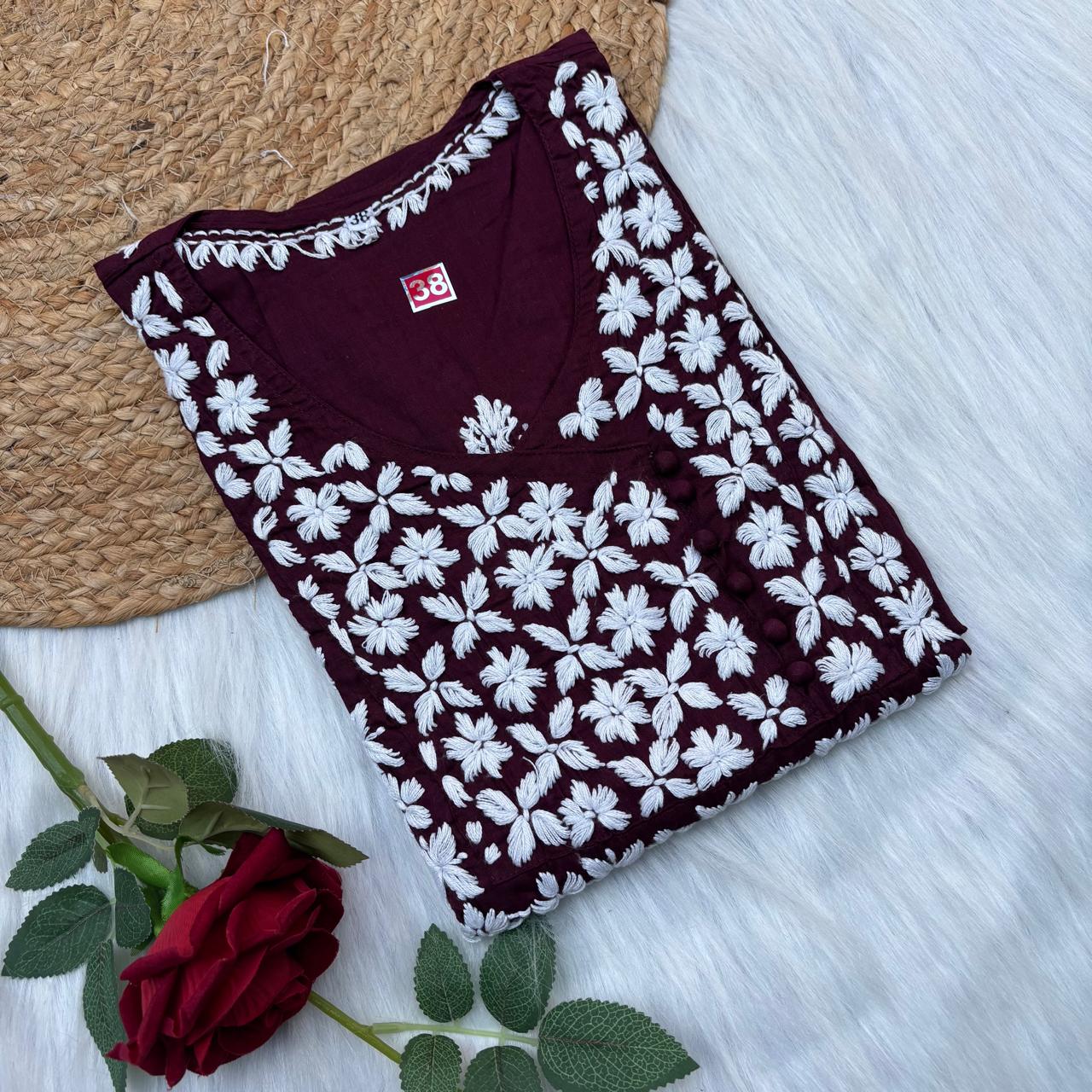 Sabeena Pure Cotton Chikankari Kurti Wine Colour