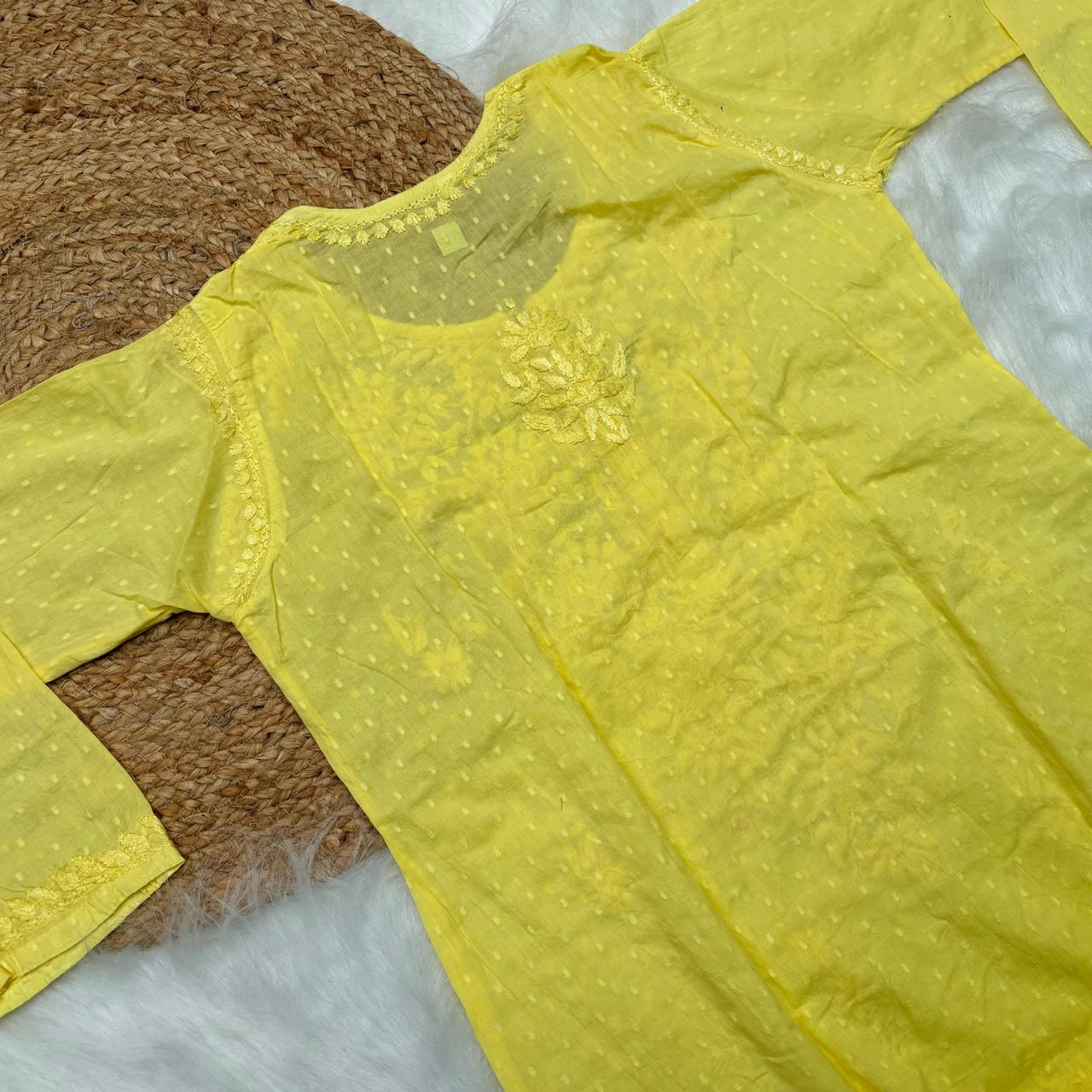 Adaah Ombre Shaded Dobby Cotton Chikankari Kurti -Yellow - Chikankaar