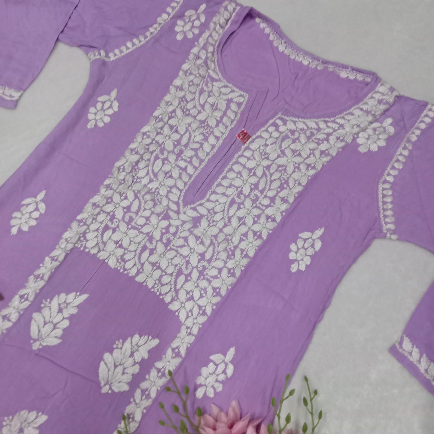 Soft Rayon Heavy Chikankari Panel Work Kurti -Purple Colour - Chikankaar
