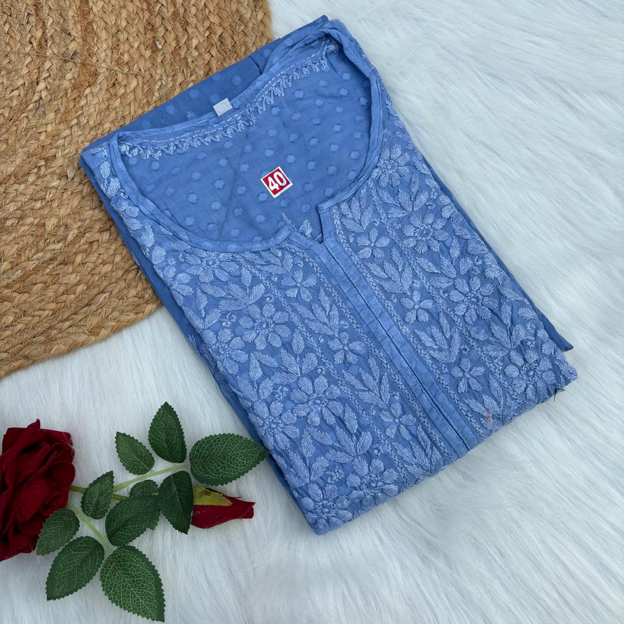 Aliya Dobby Cotton Nyra Cut Chikankari Aline Kurti - Ocean Blue - Chikankaar