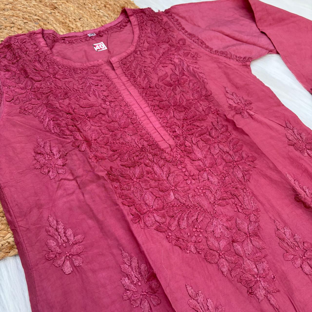 Zooni Chanderi Lucknowi Chikankari Dyed Kurti-Magenta colour