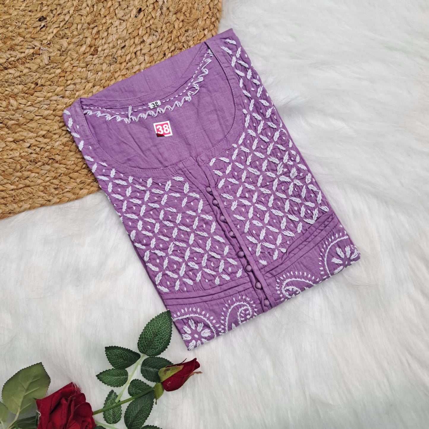 Adiva Pure Cotton Chikankari Handwork Kurti - Purple Colour - Chikankaar