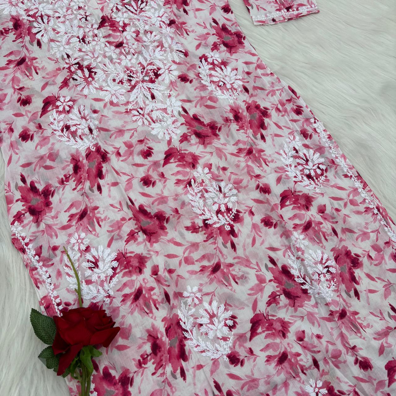 Amara Pure Mulmul Chikankari Handwork Kurti -Pink Colour