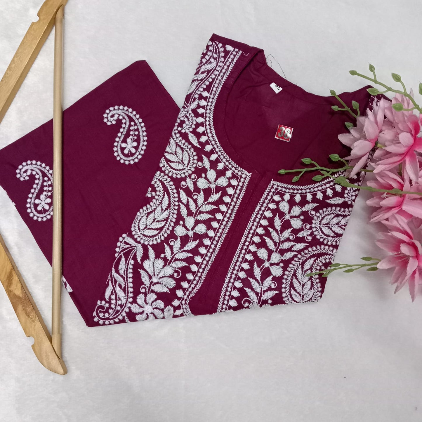 Cotton Machine Work Chikankari Kurti - Wine Colour - Chikankaar
