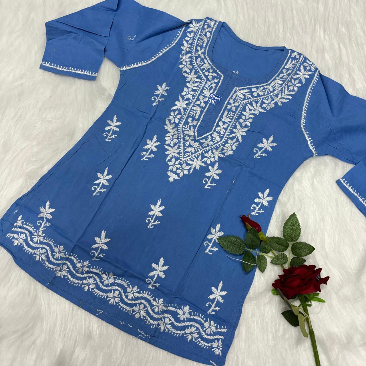 Ziya Pure Cotton Chikankari Short Top- Sky Blue Colour - Chikankaar