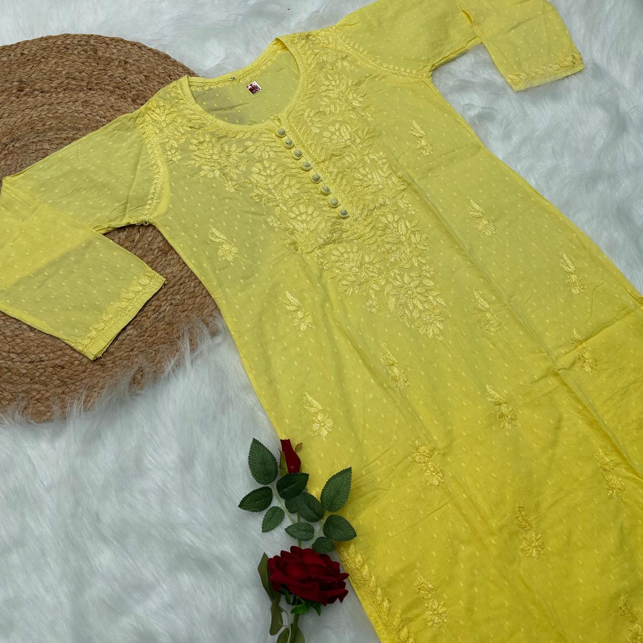 Adaah Ombre Shaded Dobby Cotton Chikankari Kurti -Yellow - Chikankaar