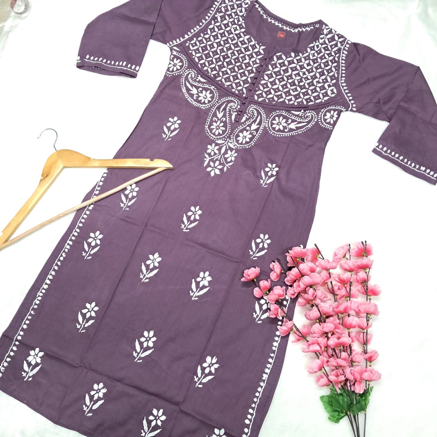 Adiva Pure Cotton Chikankari Handwork Kurti - Wine Colour - Chikankaar