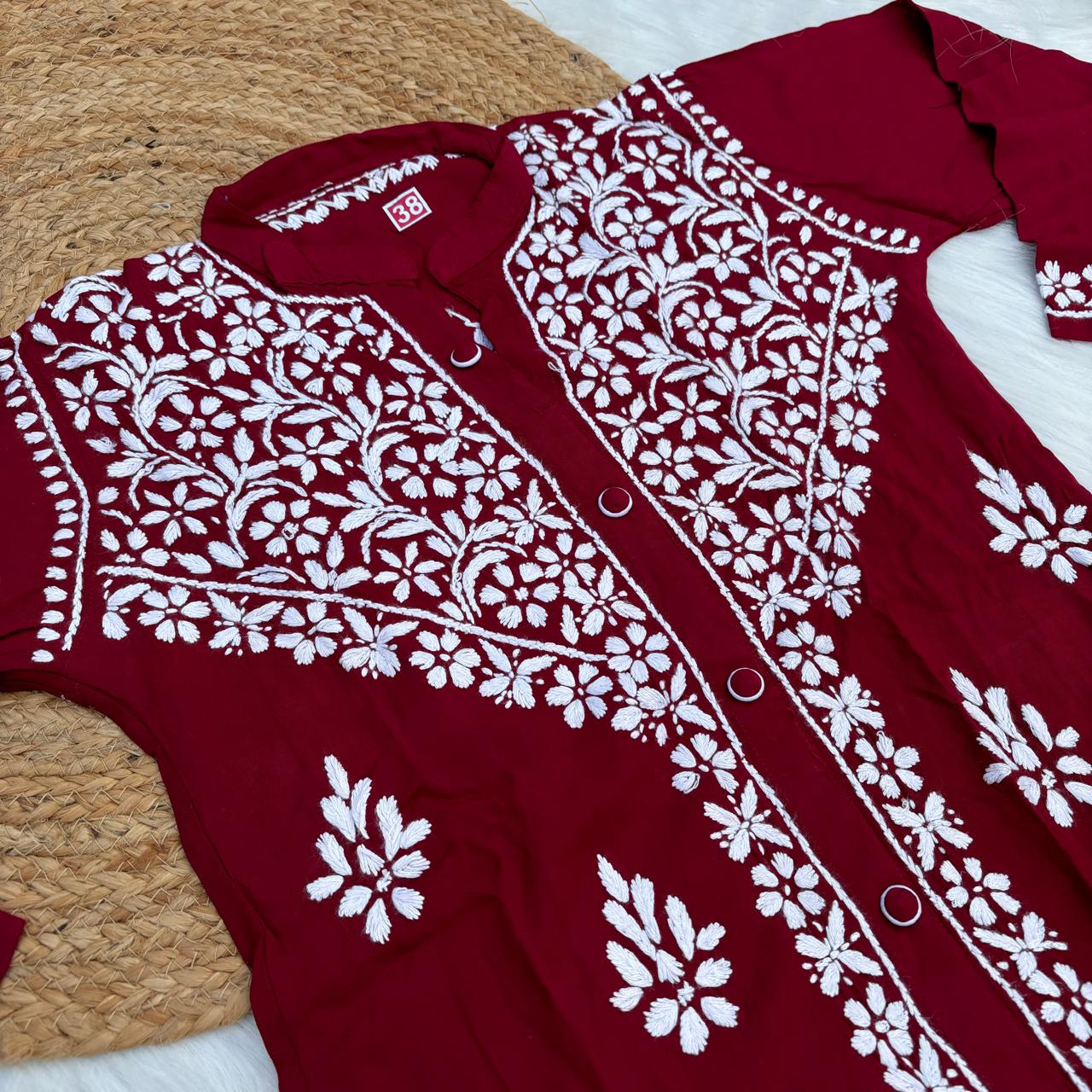 Rihana Rayon Chikankari Short Kurti Plazo Coord Set - Maroon colour - Chikankaar