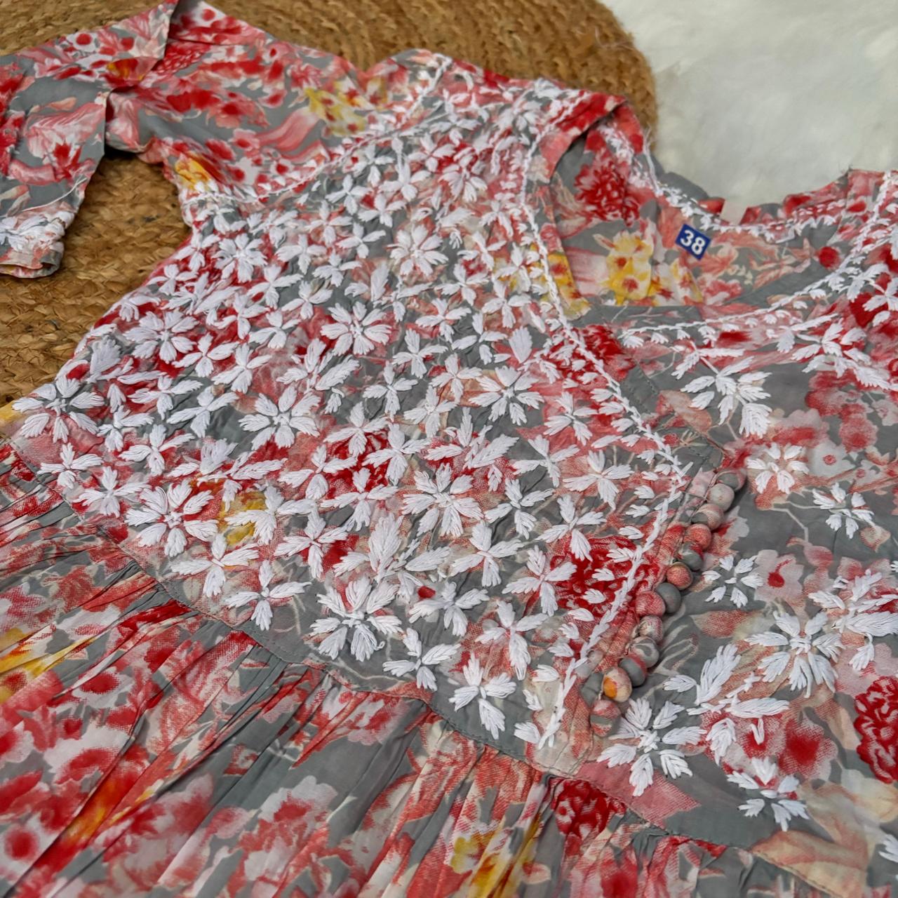 Zainab Pure Mulmul Cotton Gown - Red Colour - Chikankaar