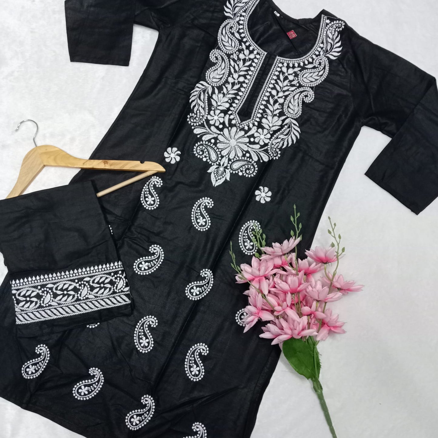 Rayon Chikankari Machine Work Kurti Plazo Set- Black Colour - Chikankaar
