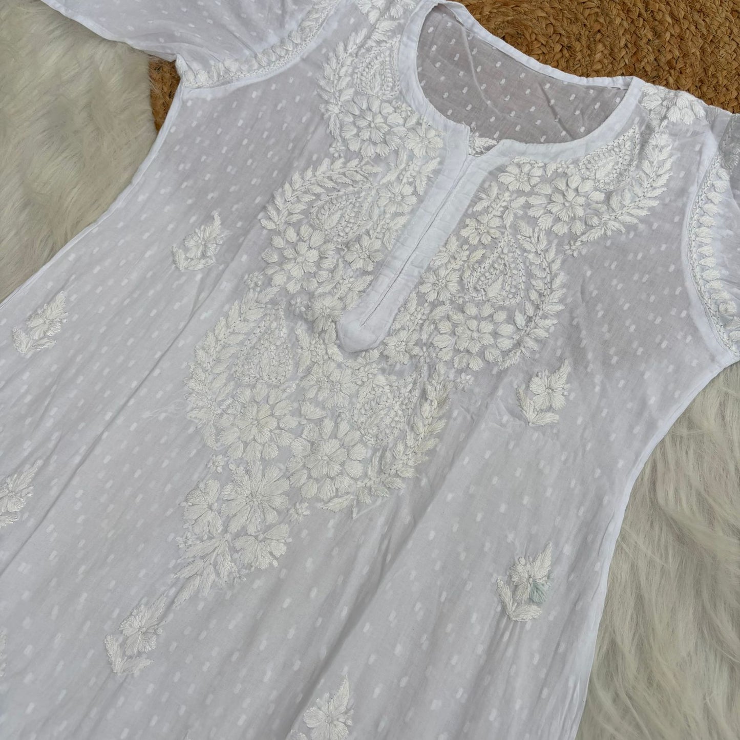 Vani Dobby Cotton Chikankari Kurti - White Colour