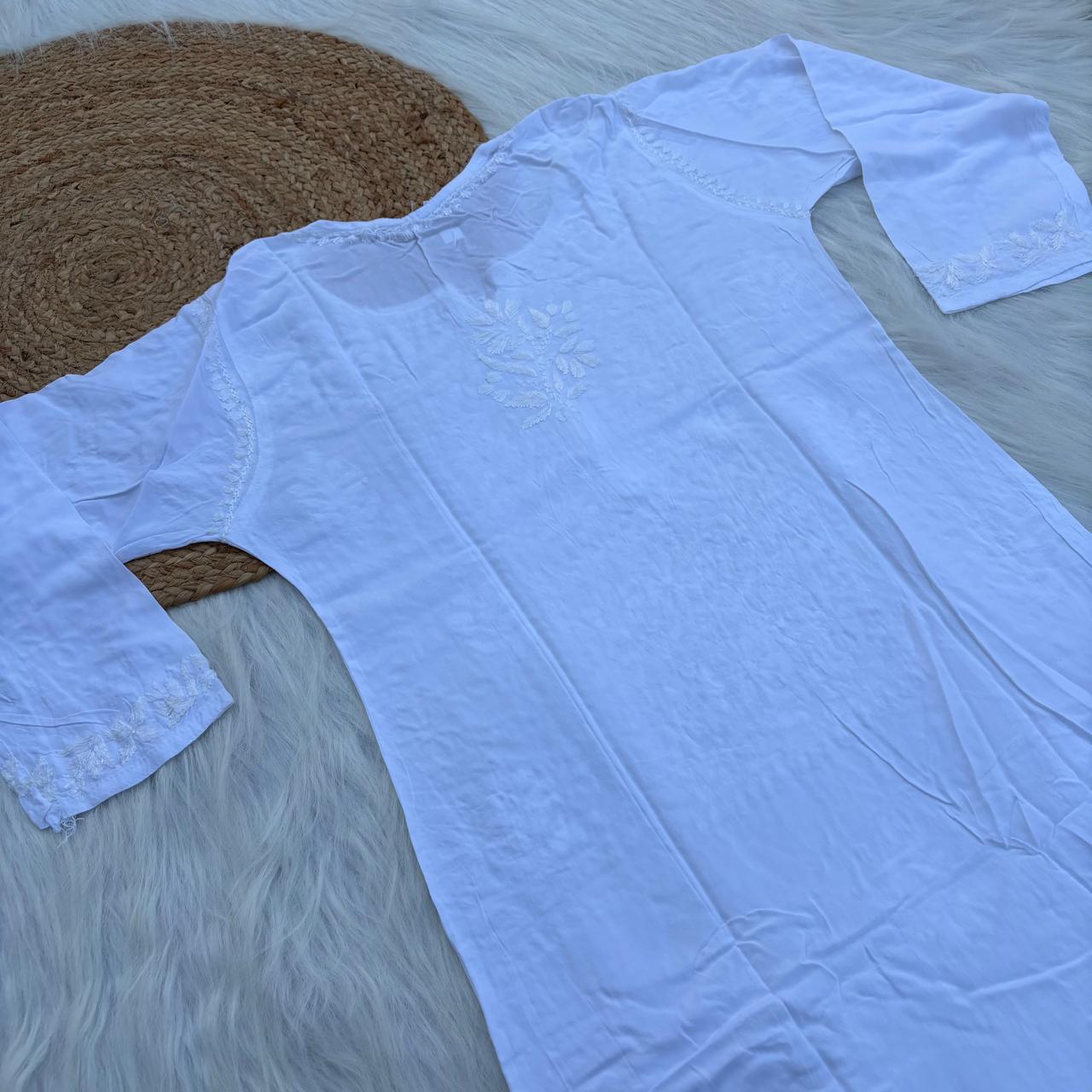 Soft Rayon Chikankari Kurti - White Colour