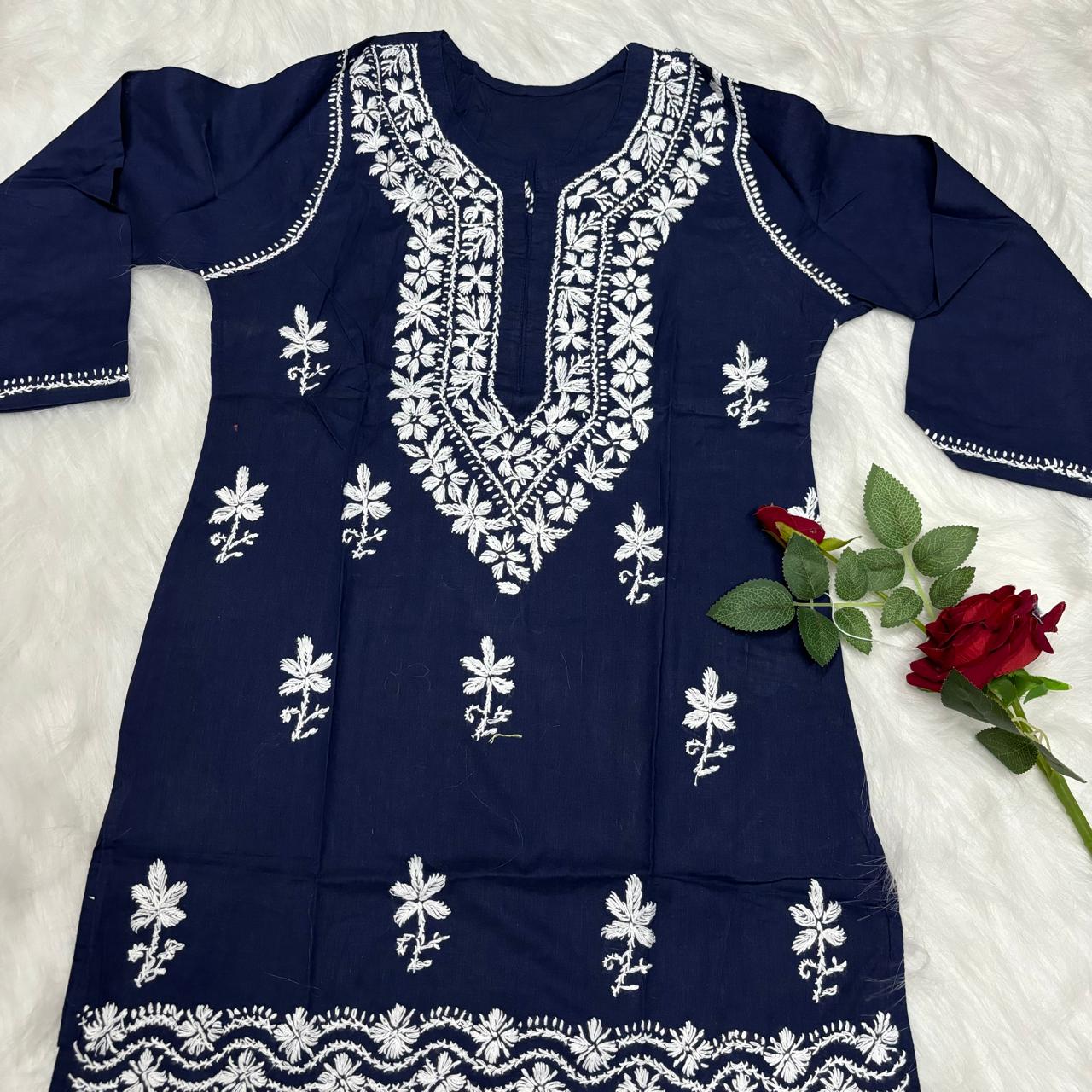 Ziya Pure Cotton Chikankari Short Top- Navy Blue Colour - Chikankaar
