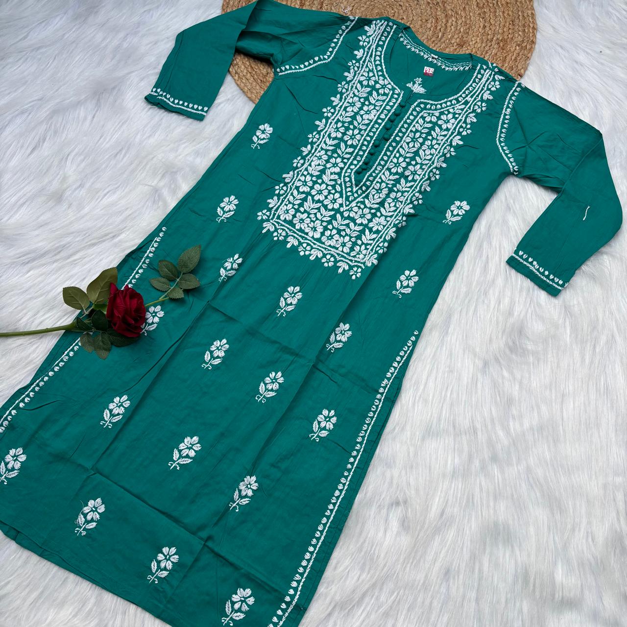Shanaya Pure Cotton Chikankari Kurti Sea Green Colour
