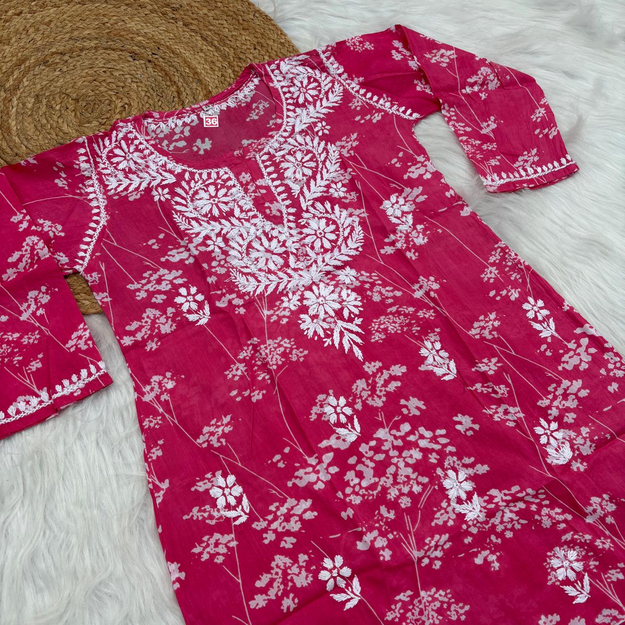 Malika Pure Mulmul Cotton Short Kurti - Pink Colour