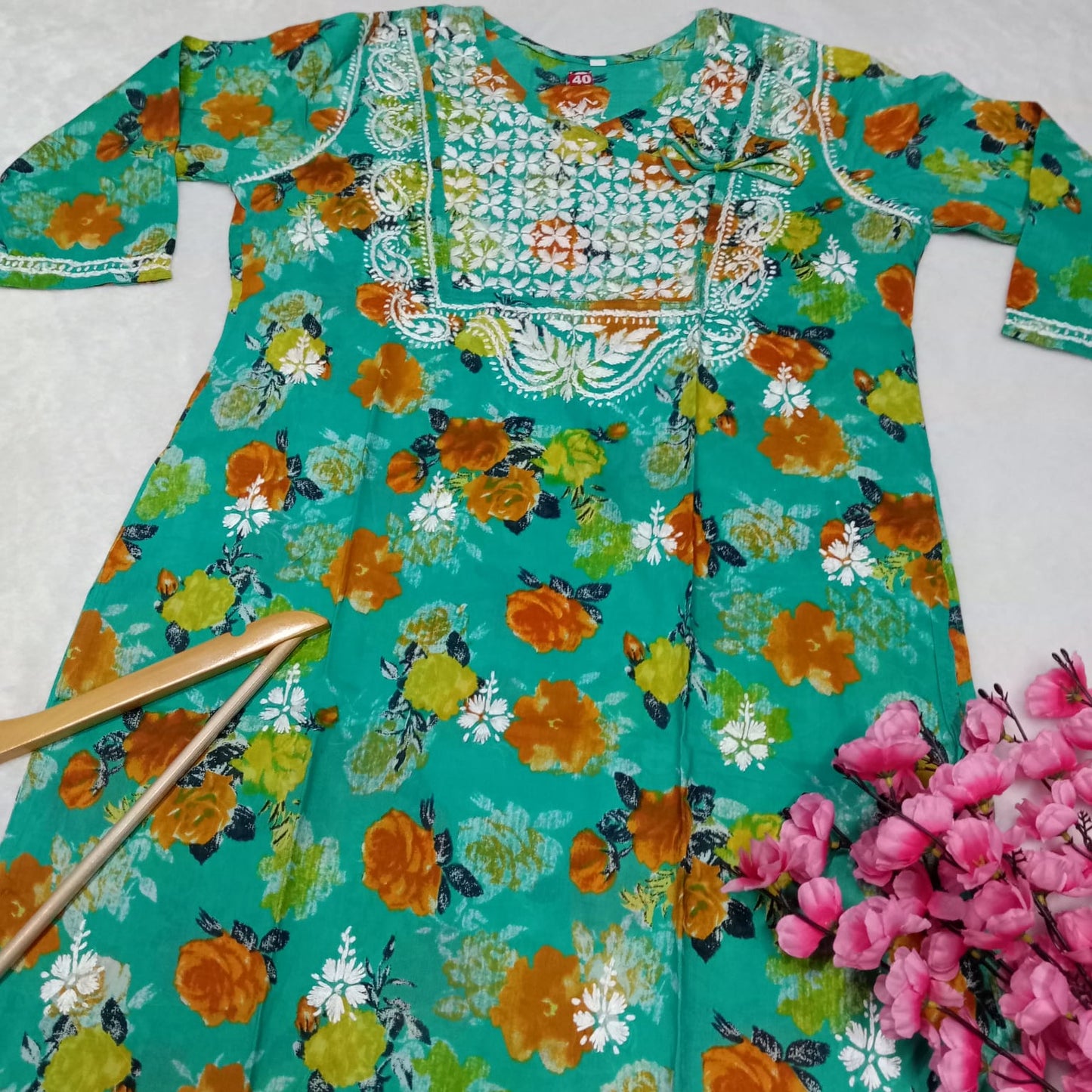 Masooma Mulmul Floral Printed Chikankari Handwork Kurti - Sea Green Colour - Chikankaar