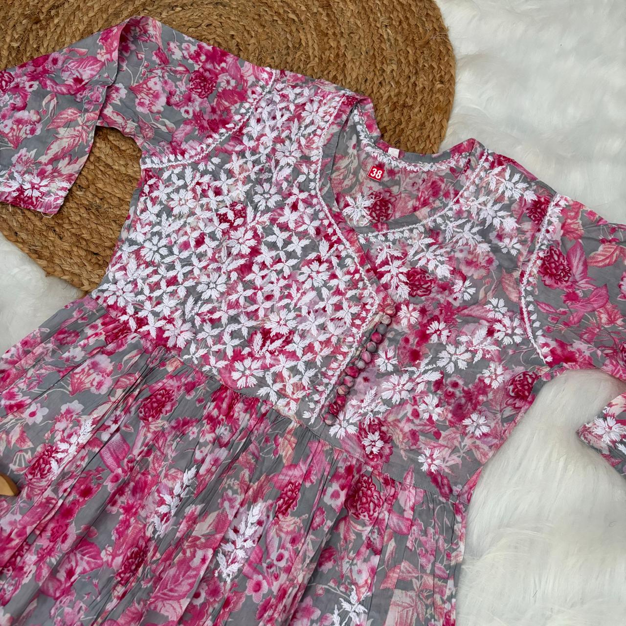Zainab Pure Mulmul Cotton Gown - Pink Colour - Chikankaar