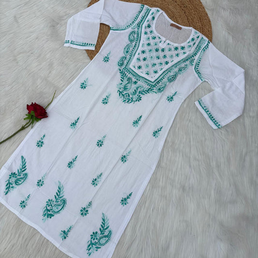 Zoya Cotton Lucknowi Chikankari Kurti - White Sea Green Color
