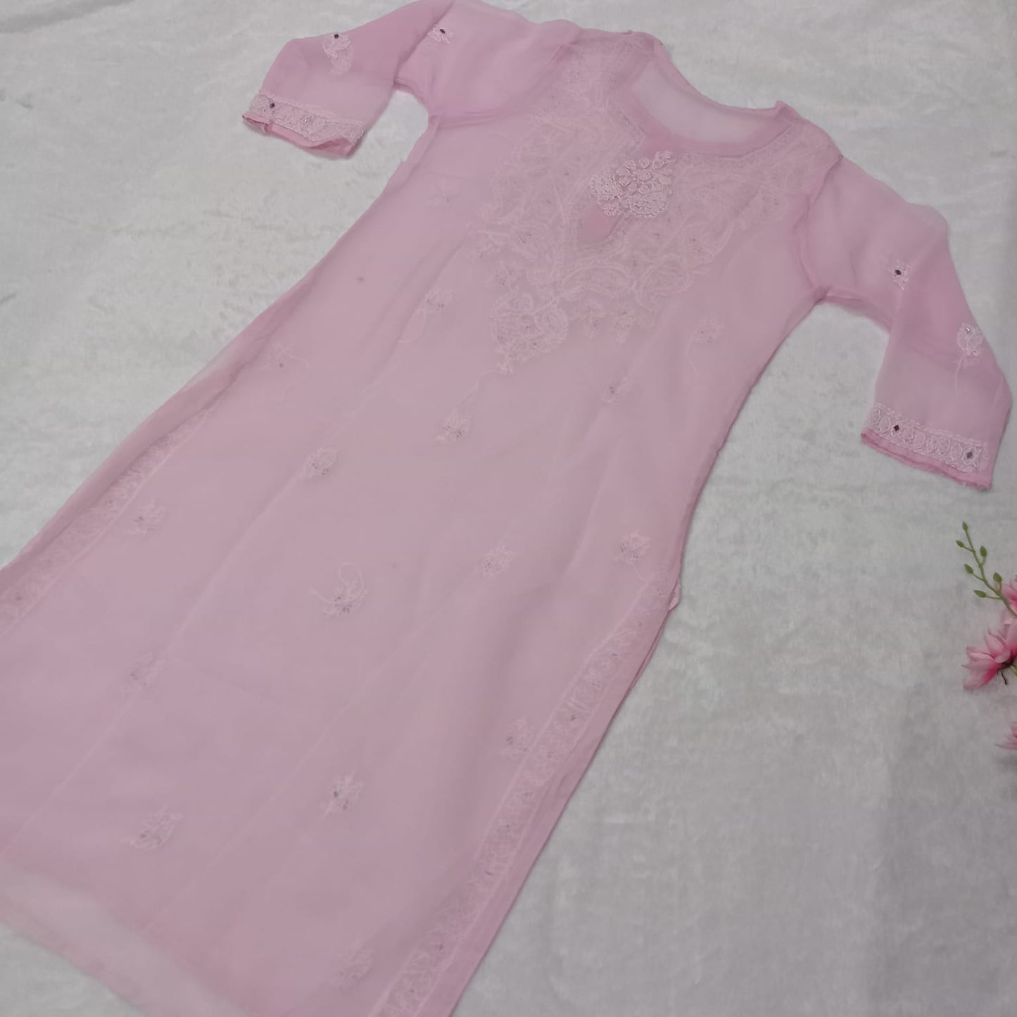 Georgette Mirror Work Chikankari Kurti With Inner- Baby Pink Colour - Chikankaar