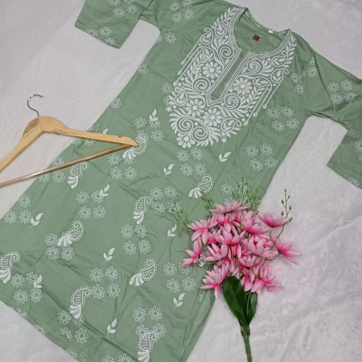 RAYON CHIKANKARI MACHINE WORK KURTI -PISTA COLOUR - Chikankaar