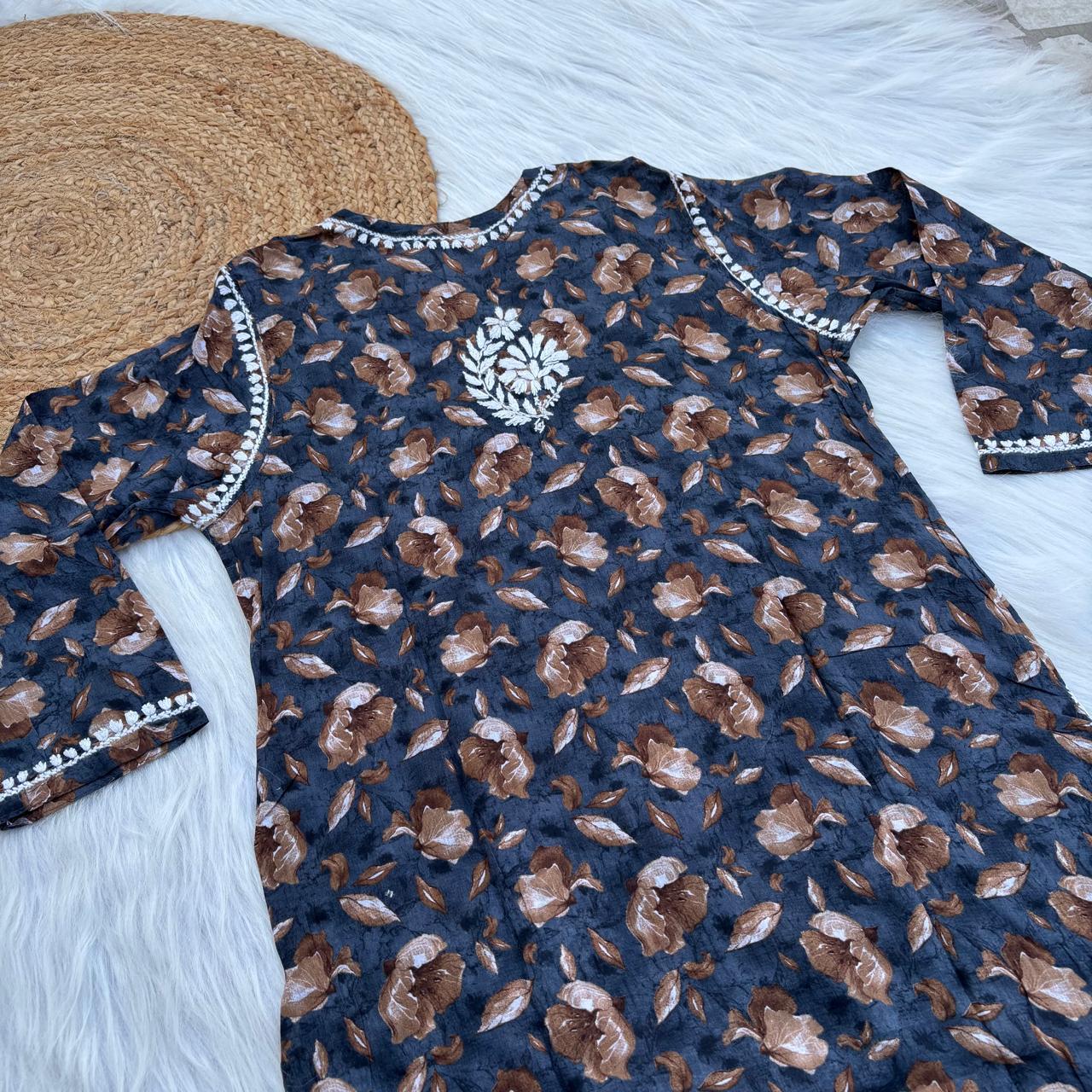 Sana Pure Mulmul Chikankari Handwork Kurti - Dark Blue Colour