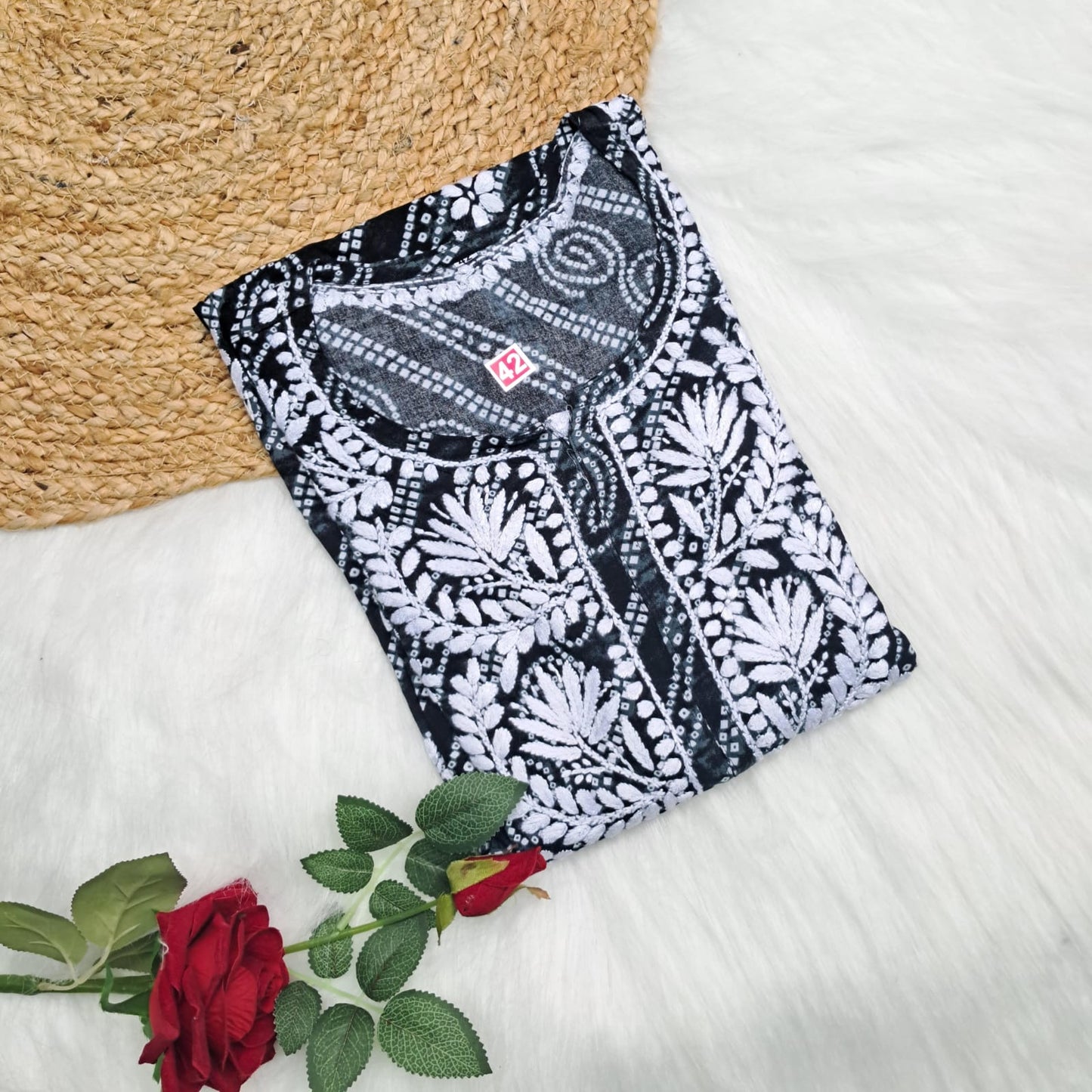 Falak Bandhani Print Rayon Chikankari Kurti Black Colour - Chikankaar