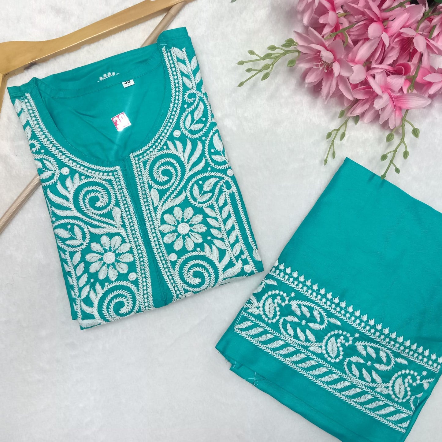 Rayon Chikankari Machine Work Kurti Plazo Set- Sea Green Colour - Chikankaar