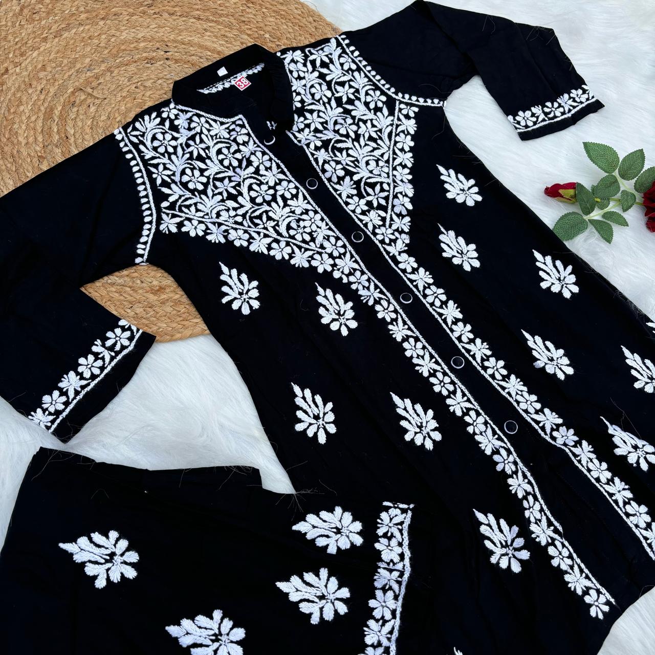 Rihana Rayon Chikankari Short Kurti Plazo Coord Set - Black colour - Chikankaar