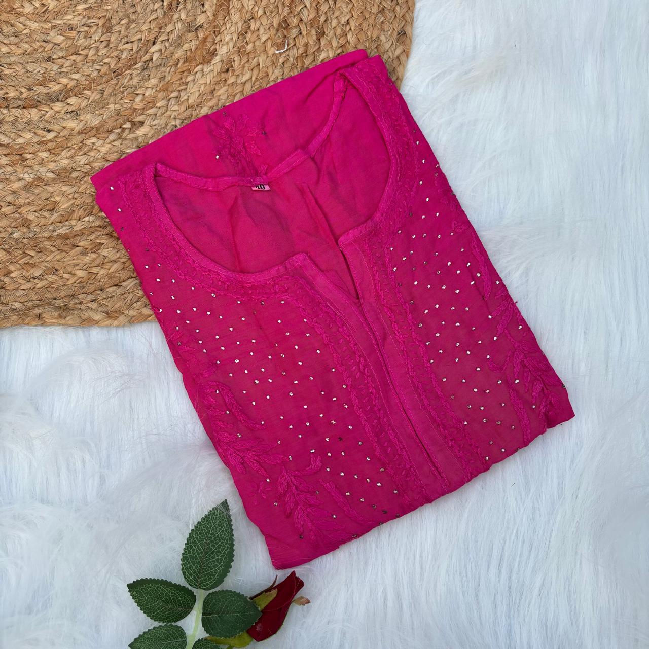 Rakul Preet Inspired Chikankari Muslin Kurti with Mukaish Work - Rani Colour - Chikankaar
