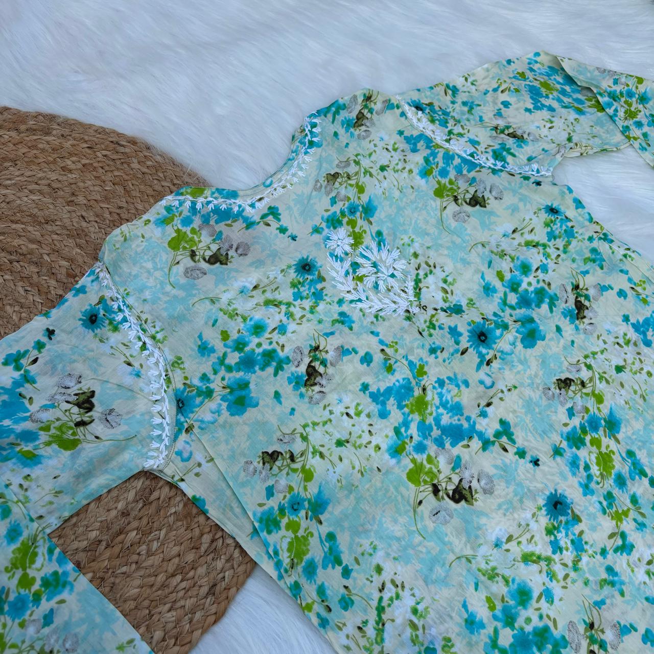 Fatima Pure Mulmul Chikankari Handwork Kurti - Sea Green Colour - Chikankaar