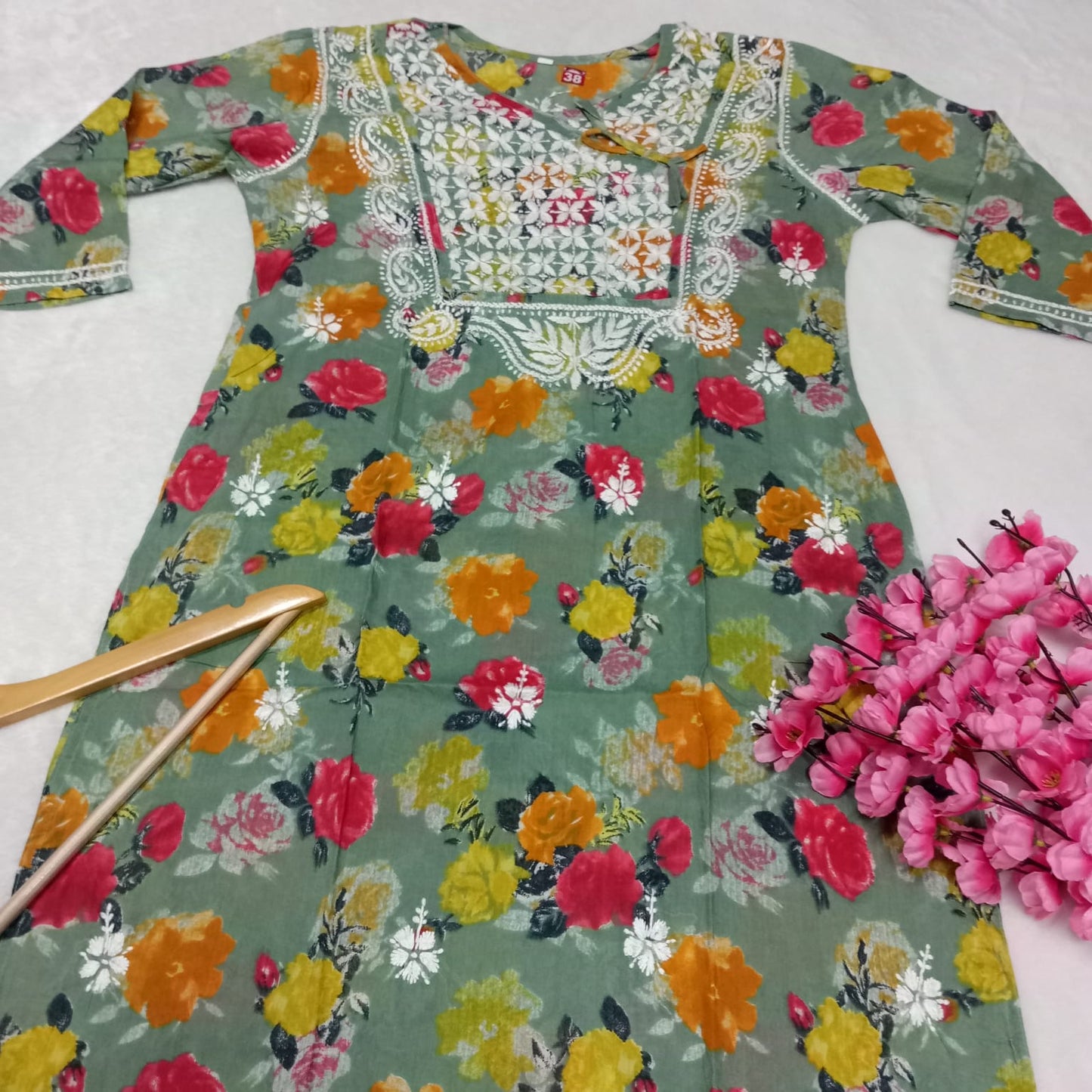 Masooma Mulmul Floral Printed Chikankari Handwork Kurti - Dark green Colour - Chikankaar