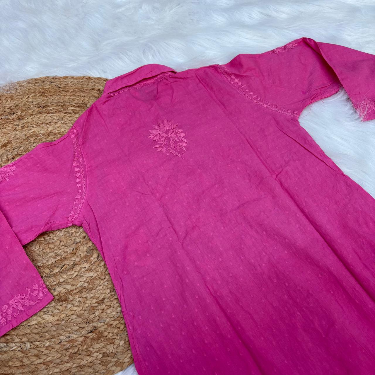 Sadia Dobby Cotton Ombre Shaded Chikankari Kurti with Collar - Pink Colour